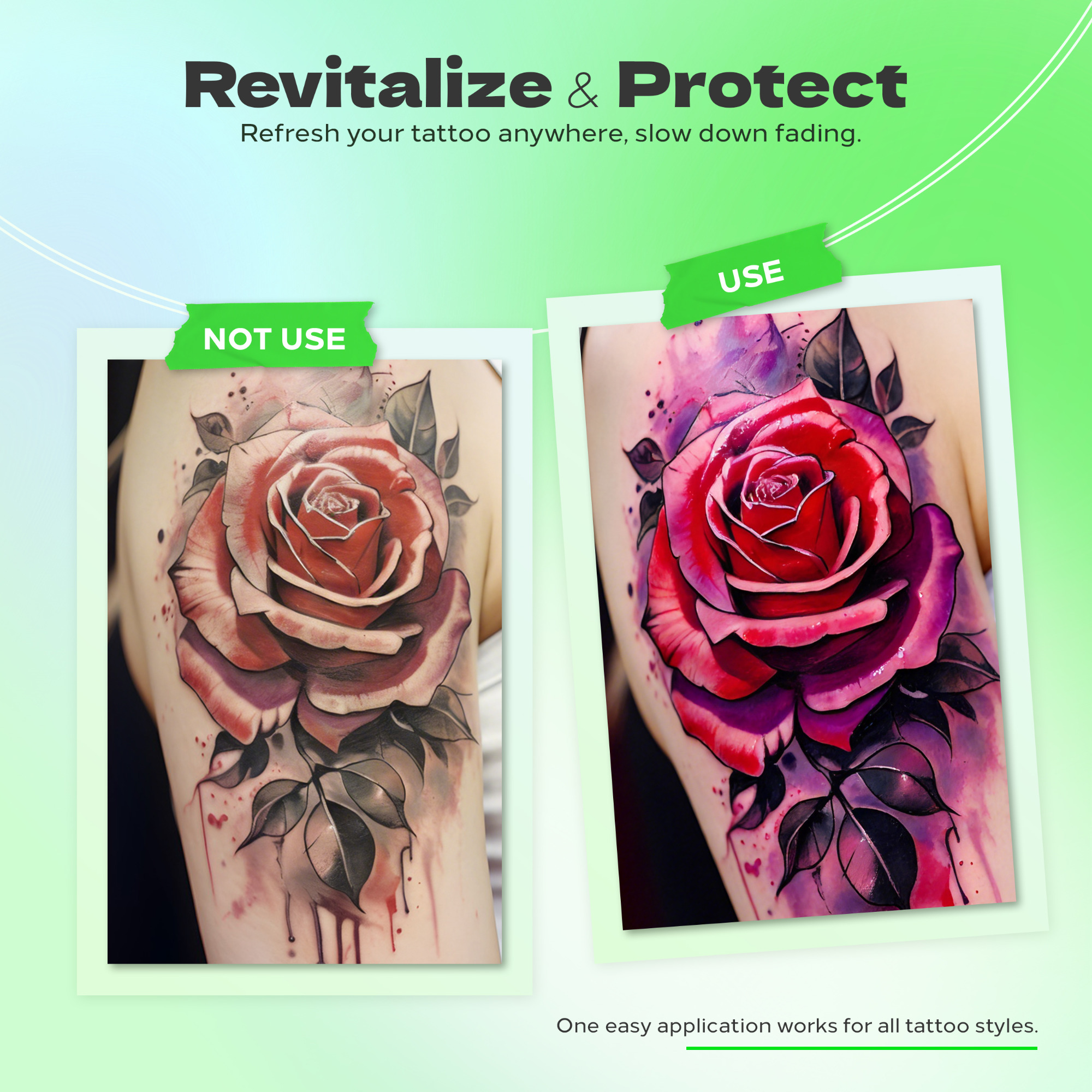 Tattoo color comparison showing revitalized and protected tattoo